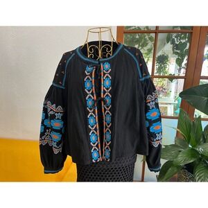 Linjia Shop Embroidered Jacket Black Blue Orange Boho Balloon Sleeve Small